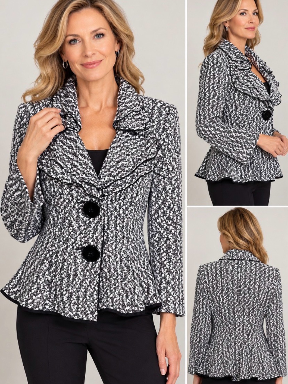 Joseph Ribkoff Textured Gray Peplum Jacket with Statement Collar